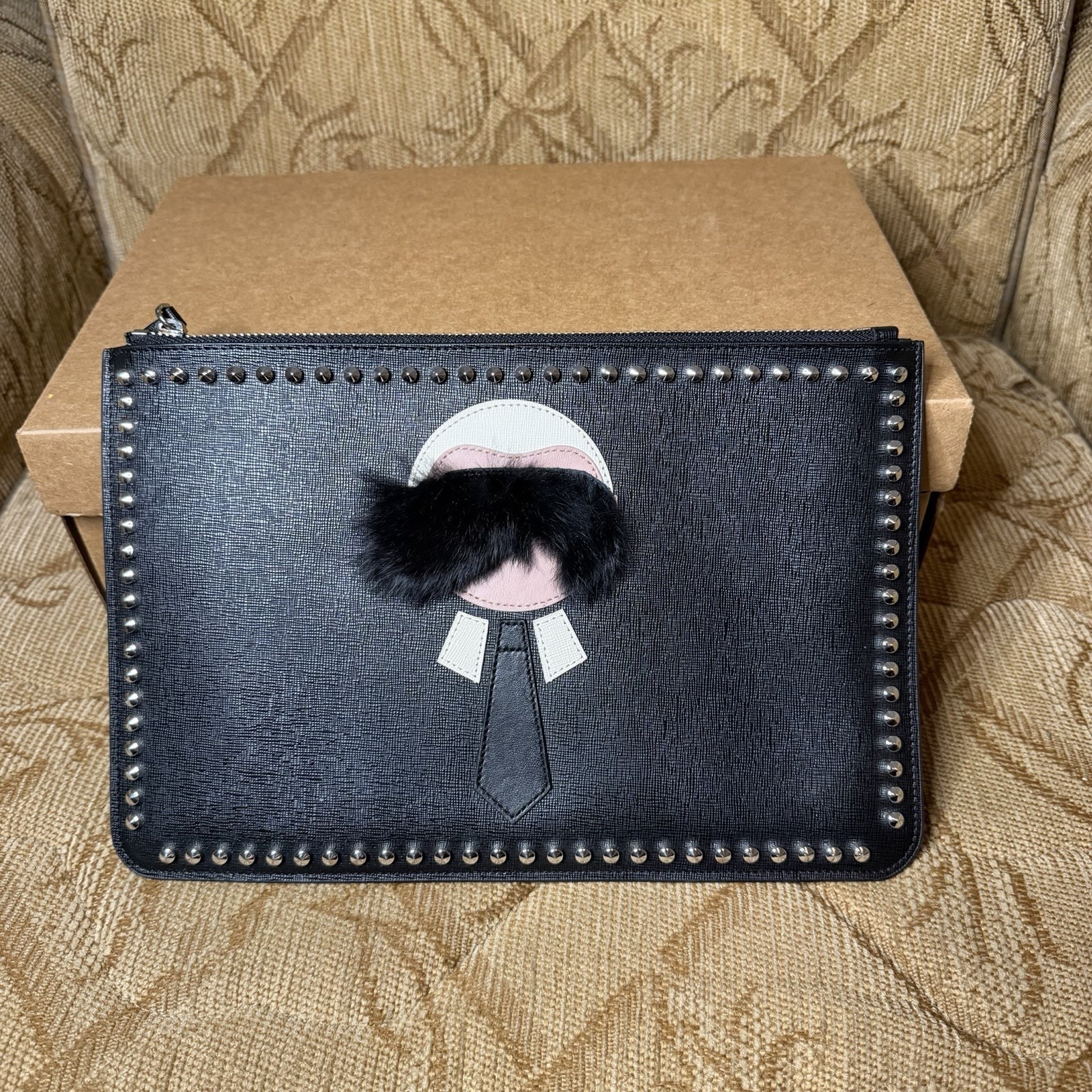 Fendi Black Leather Karlito Flat Clutch